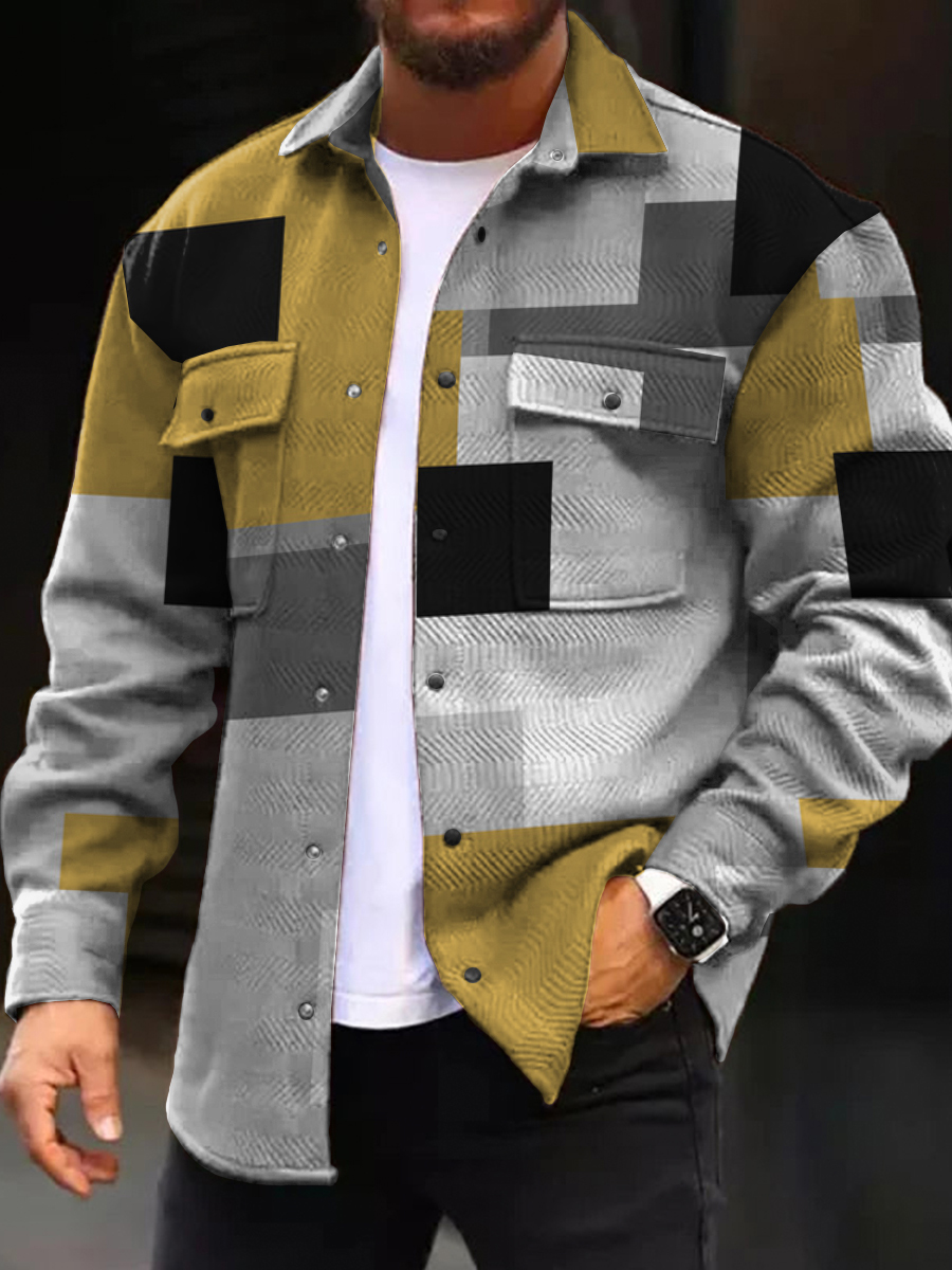 Men's Casual Jacket Vintage Colorblock Pattern Long Sleeve Pockets Shirt Jacket