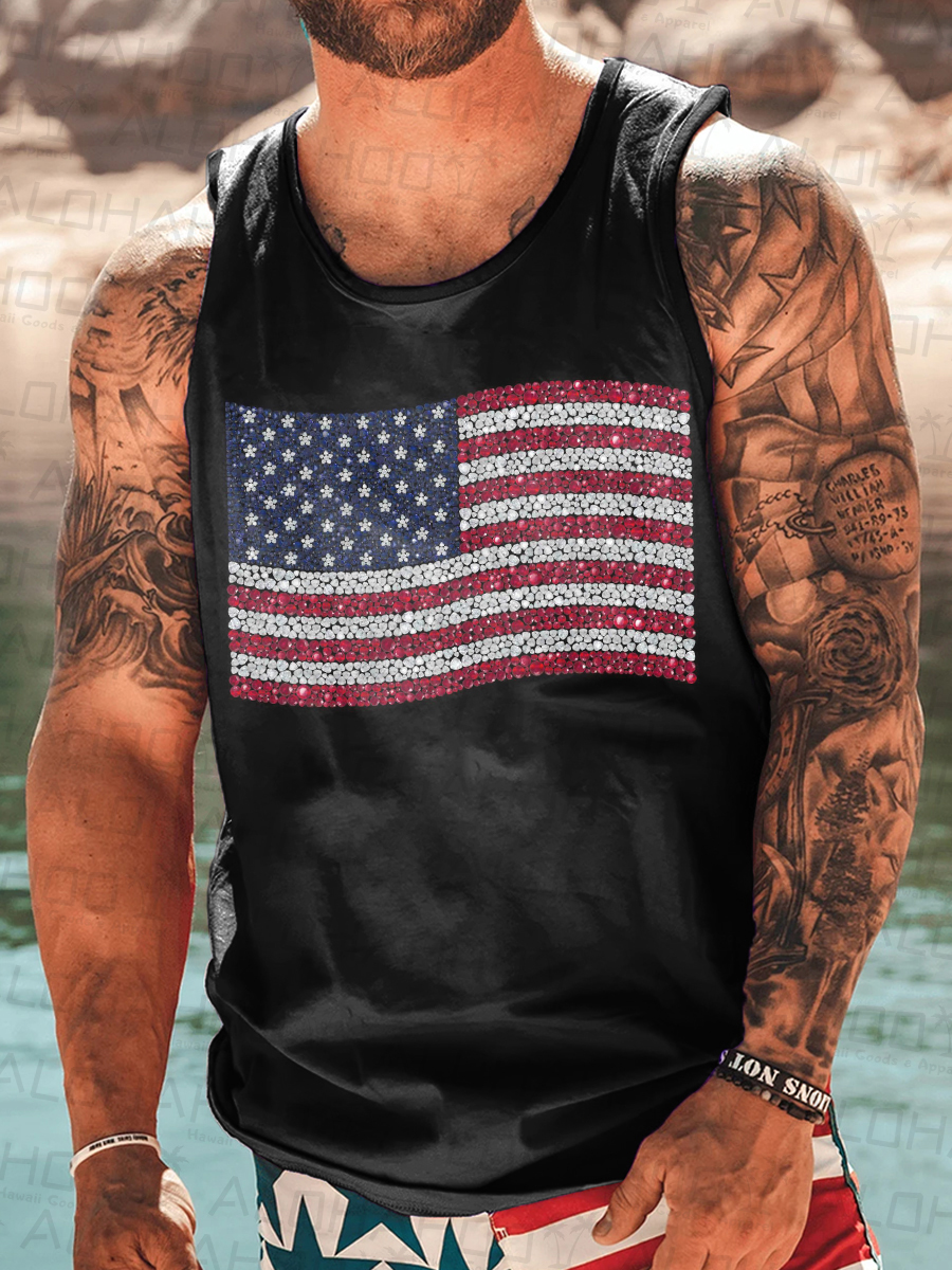 Men's T-shirt Casual Diamond American Flag Butterfly Print Tank Top