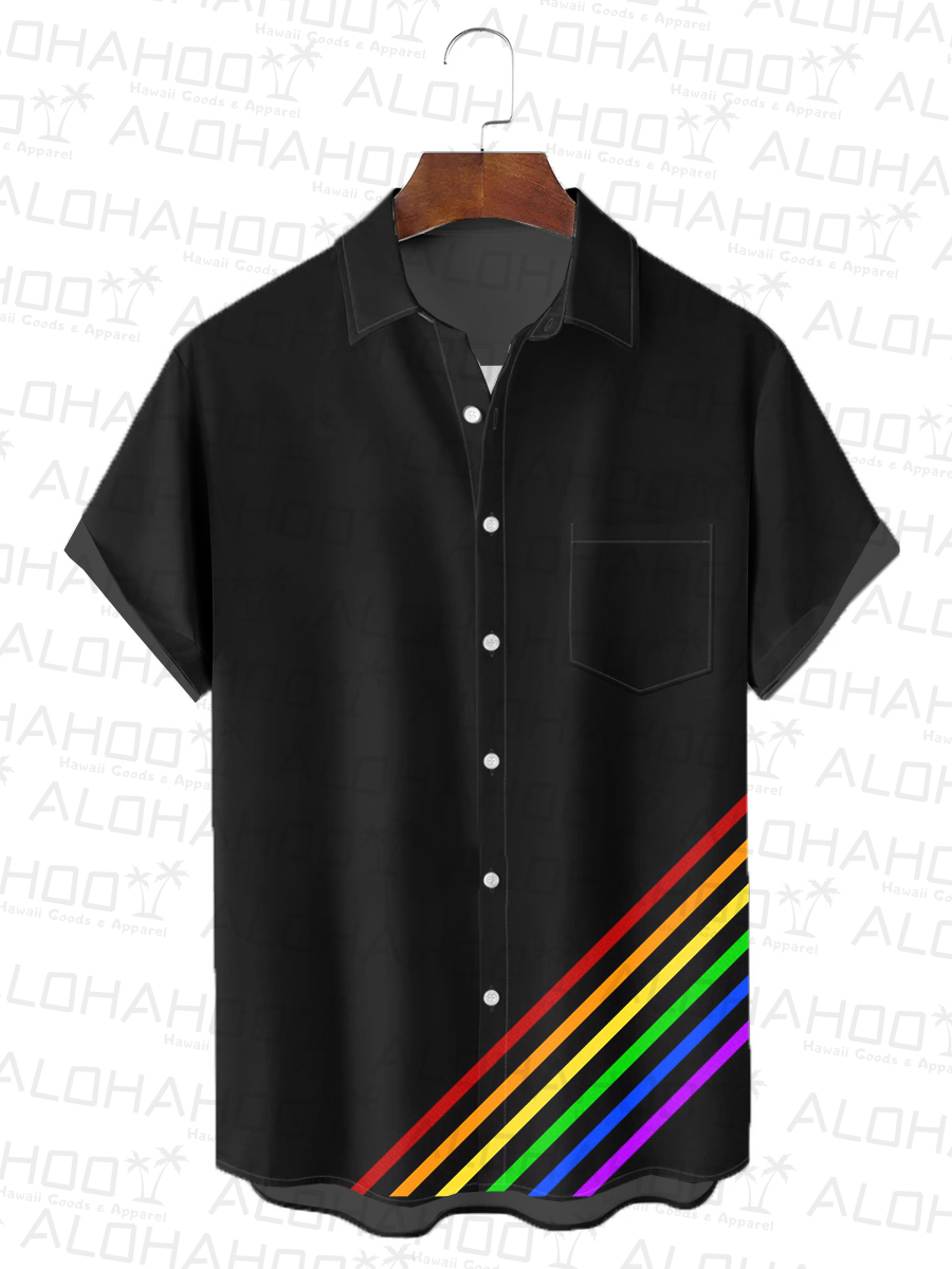 Men's Hawaiian Shirt Rainbow Stripes Art Print Beach Easy Care Short Sleeve Shirt