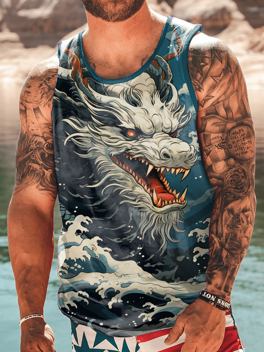 Men's Tank Top Watercolor Dragon Print Crew Neck Tank T-Shirt
