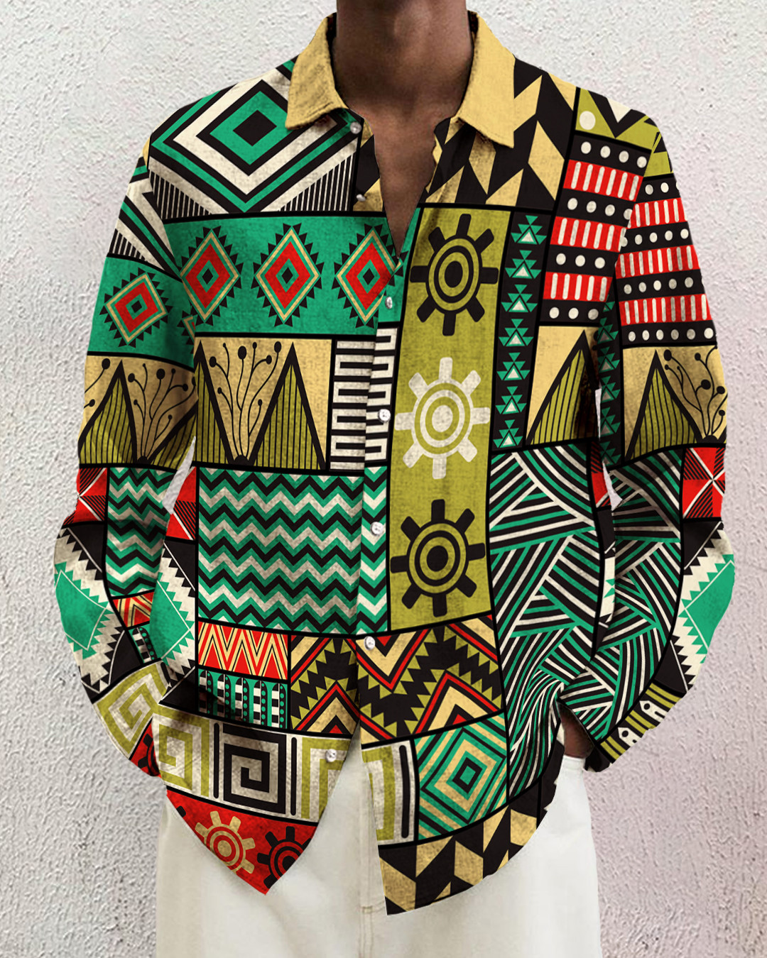 Men's Long-Sleeved Fashion Geometric Casual Shirt