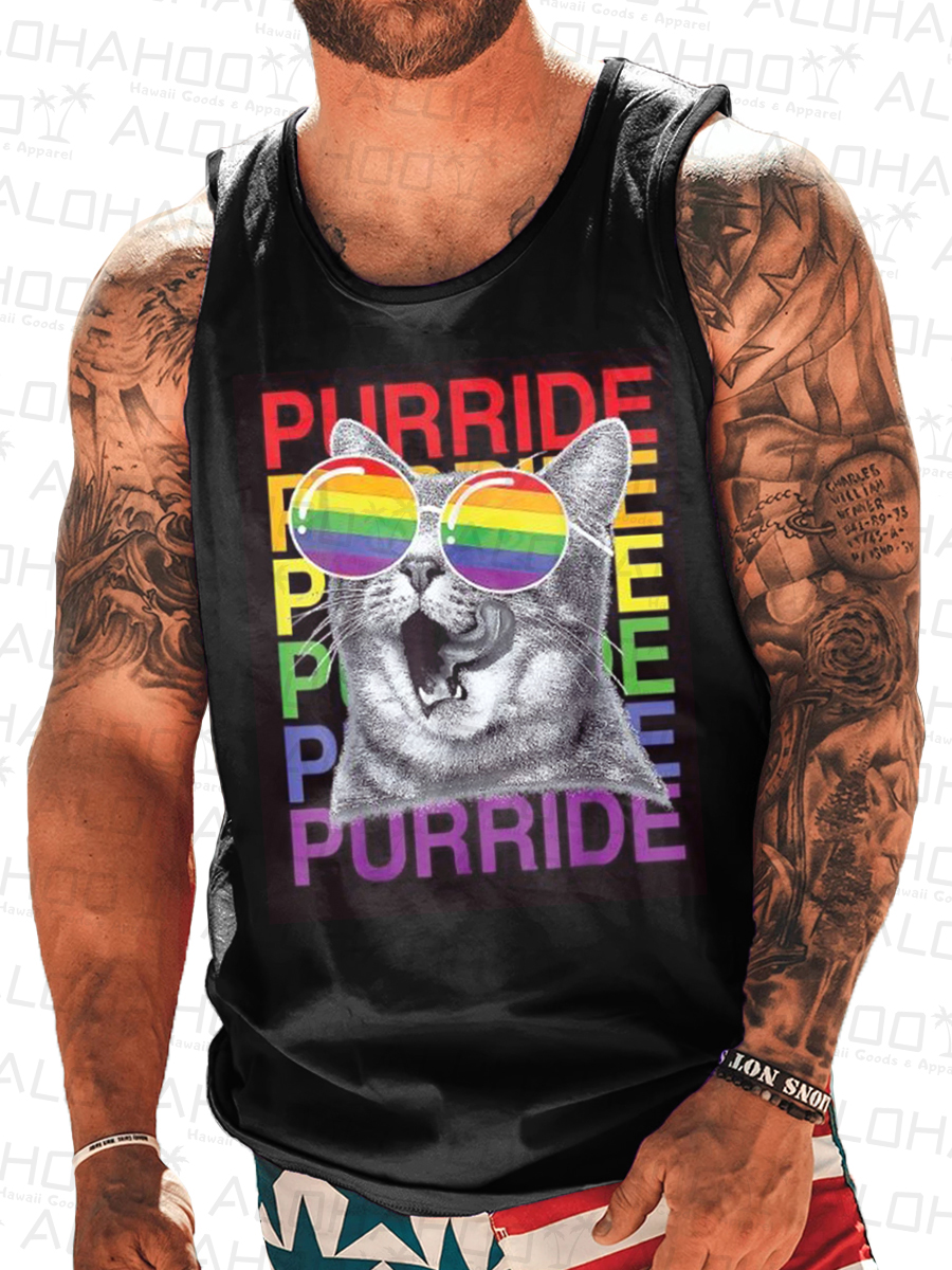 Men's Tank Top Pride With Cat Print Crew Neck Tank T-Shirt Muscle Tee