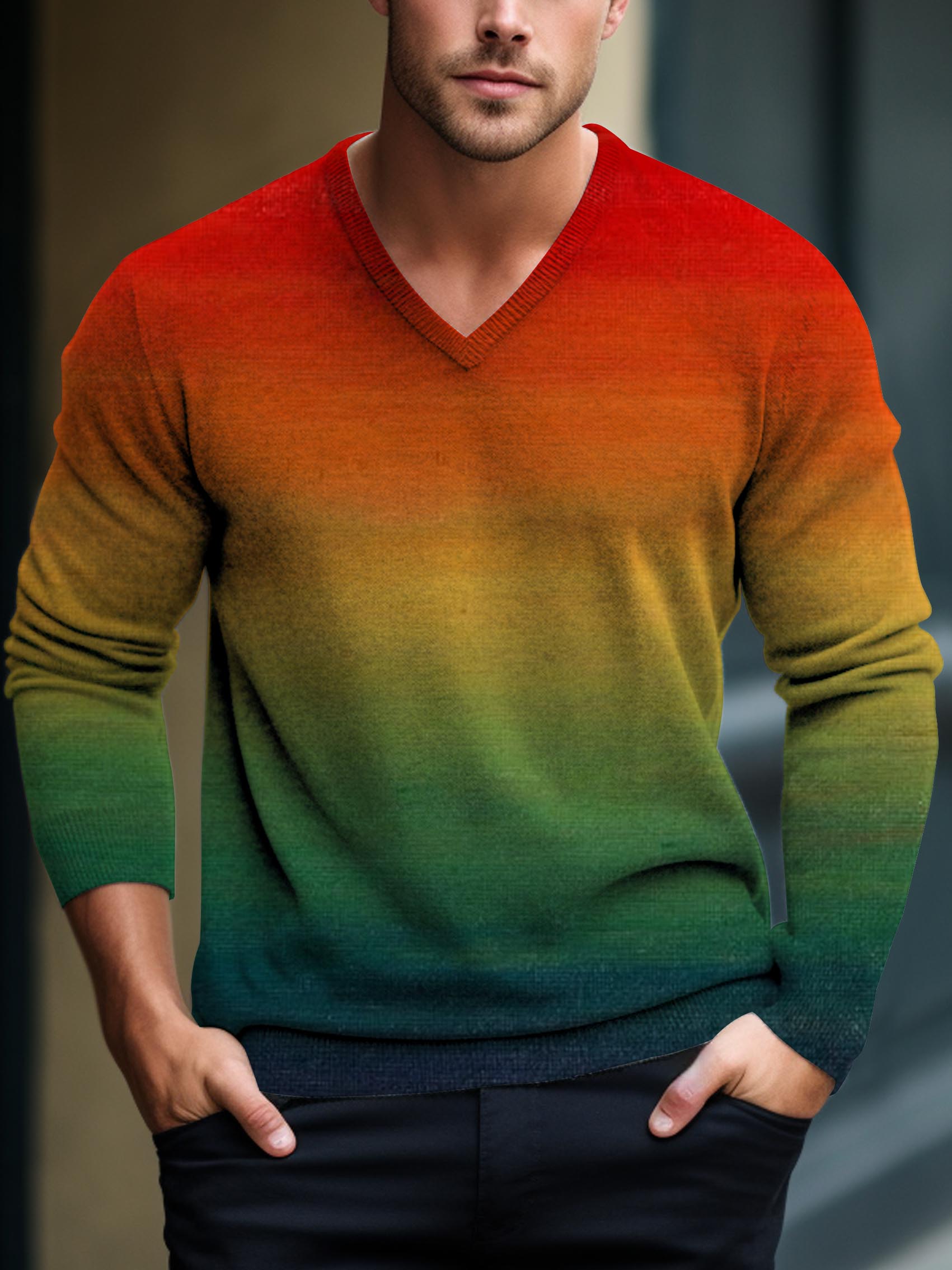 Casual Gradient Print V-Neck Lnit Long Sleeve Knit Sweater