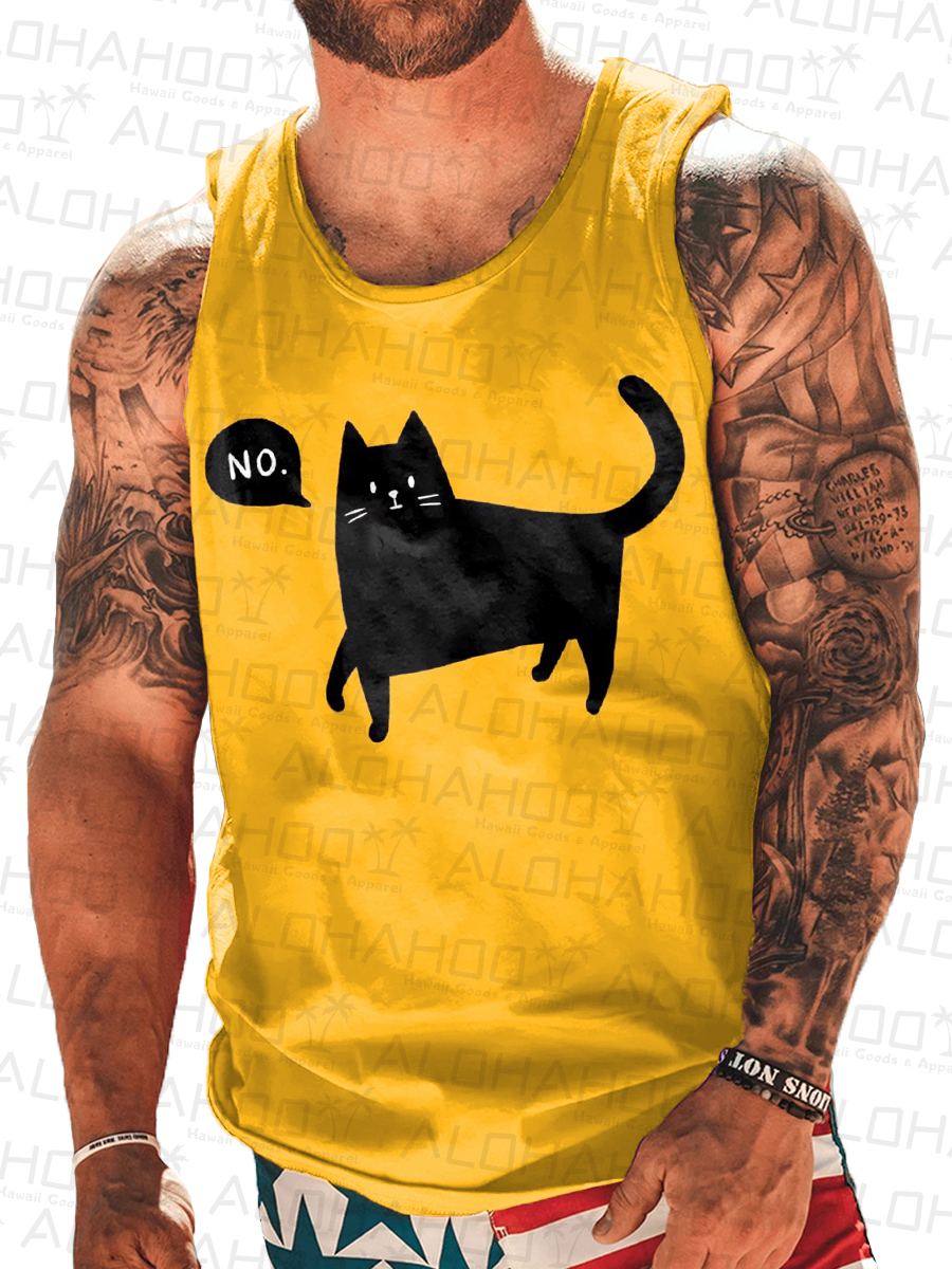 Men's Cute Cartoon Cat Print Crew Neck Tank Top Muscle Tee