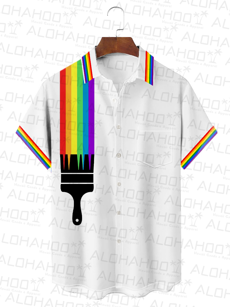 Men's Hawaiian Shirt Rainbow Stripes Art Print Beach Easy Care Short Sleeve Shirt