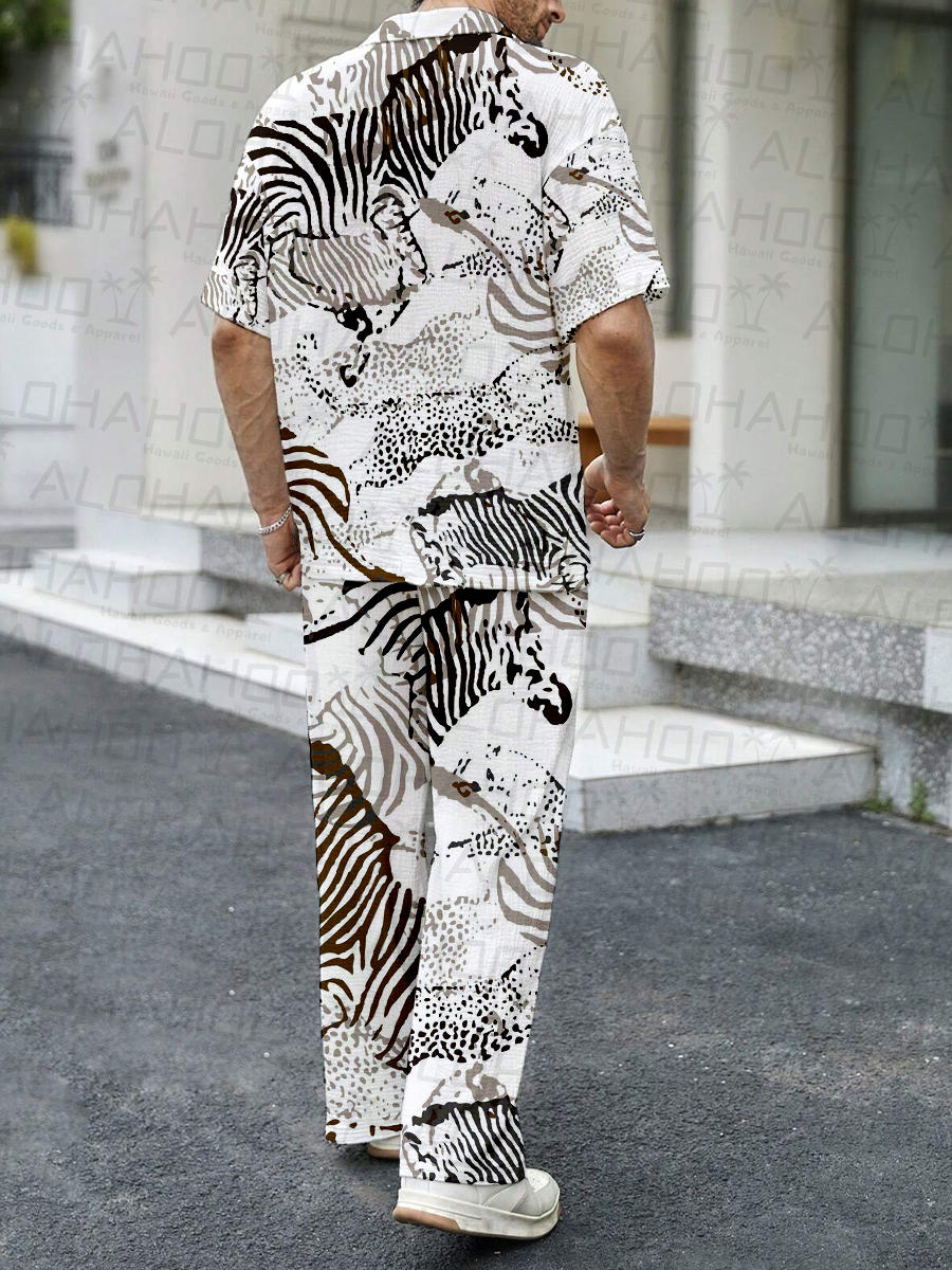 Men's Sets Giraffe Print Button Down Wrinkle Free Seersucker Two-Piece Shirt Shorts