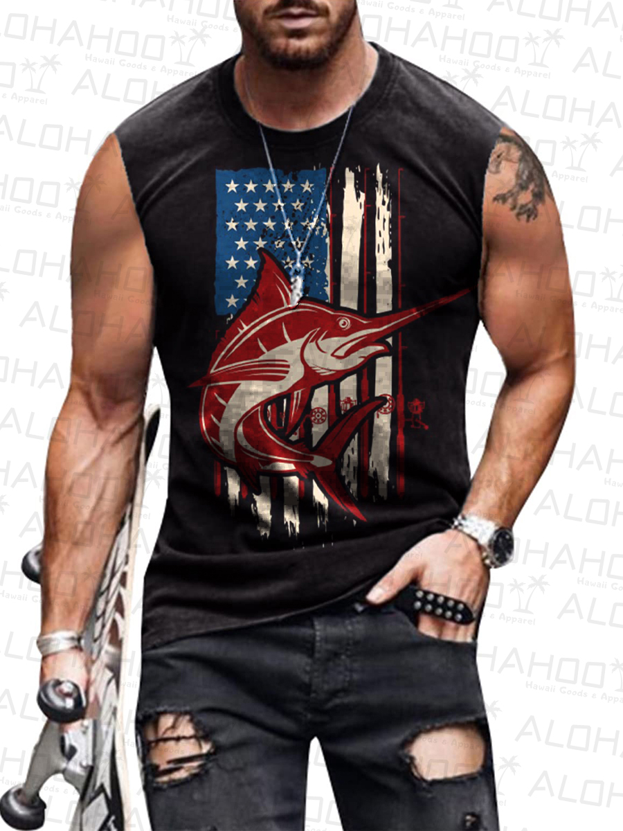 Men's Sleeveless T-shirt 4th of July Shirts Muscle Tank Top Fish Graphic Gym Workout American Flag Shirt