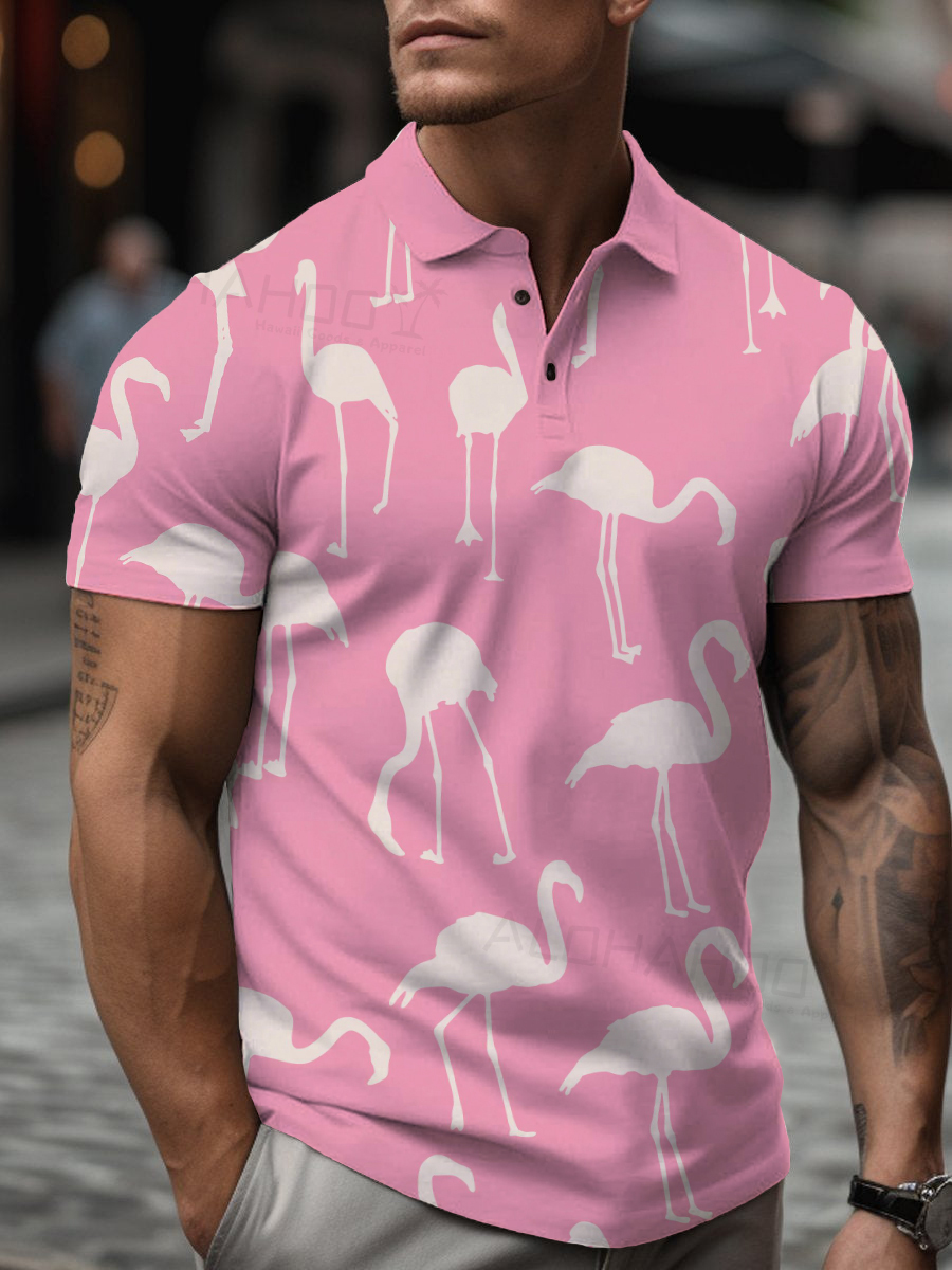 Men's Polo Shirt Flamingo Print Casual Short-Sleeved Golf Shirt