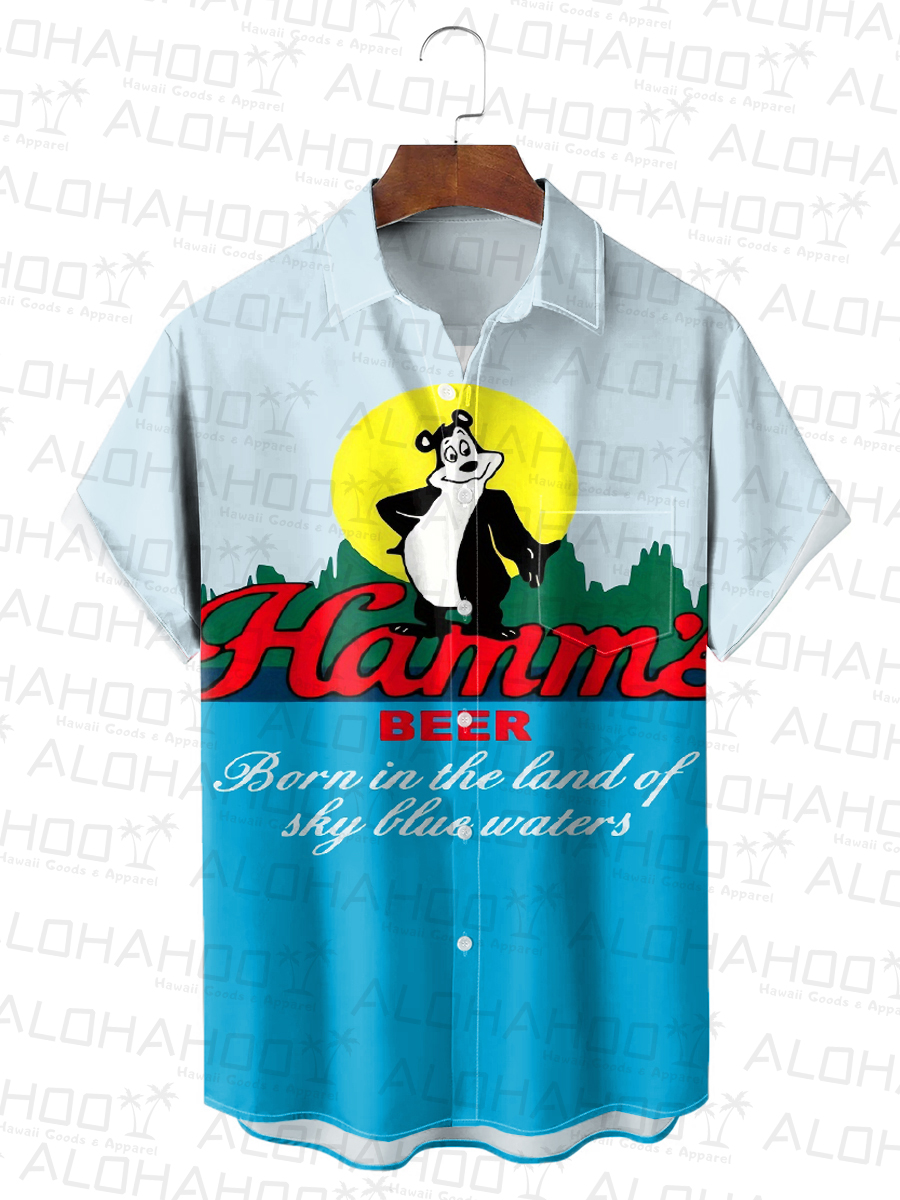 50's Retro Beer Movie Men's Hawaiian Shirts Fun Cartoon Bear Stretch Aloha Camp Pocket Shirts