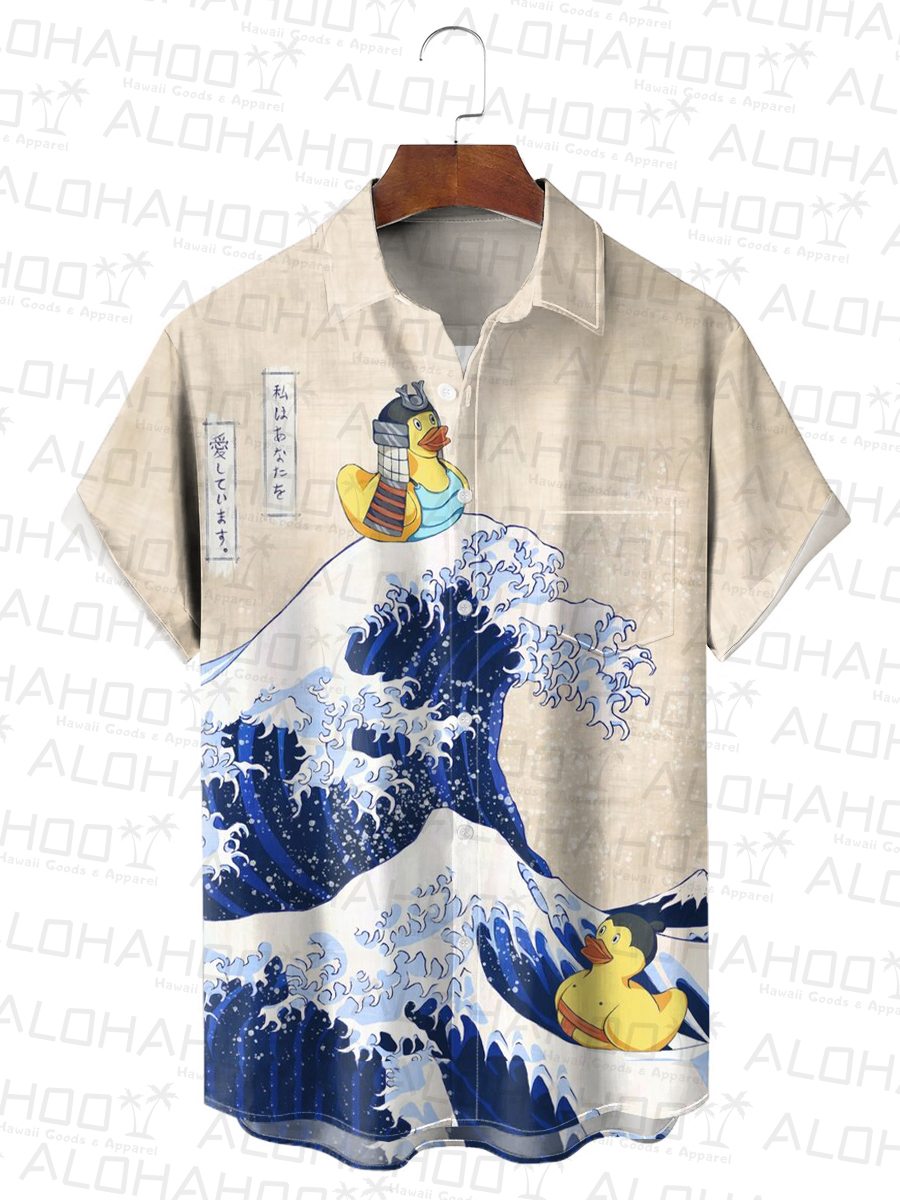 Men's Hawaiian Shirt Japanese Style Ukiyo-e Duck Print Shirt