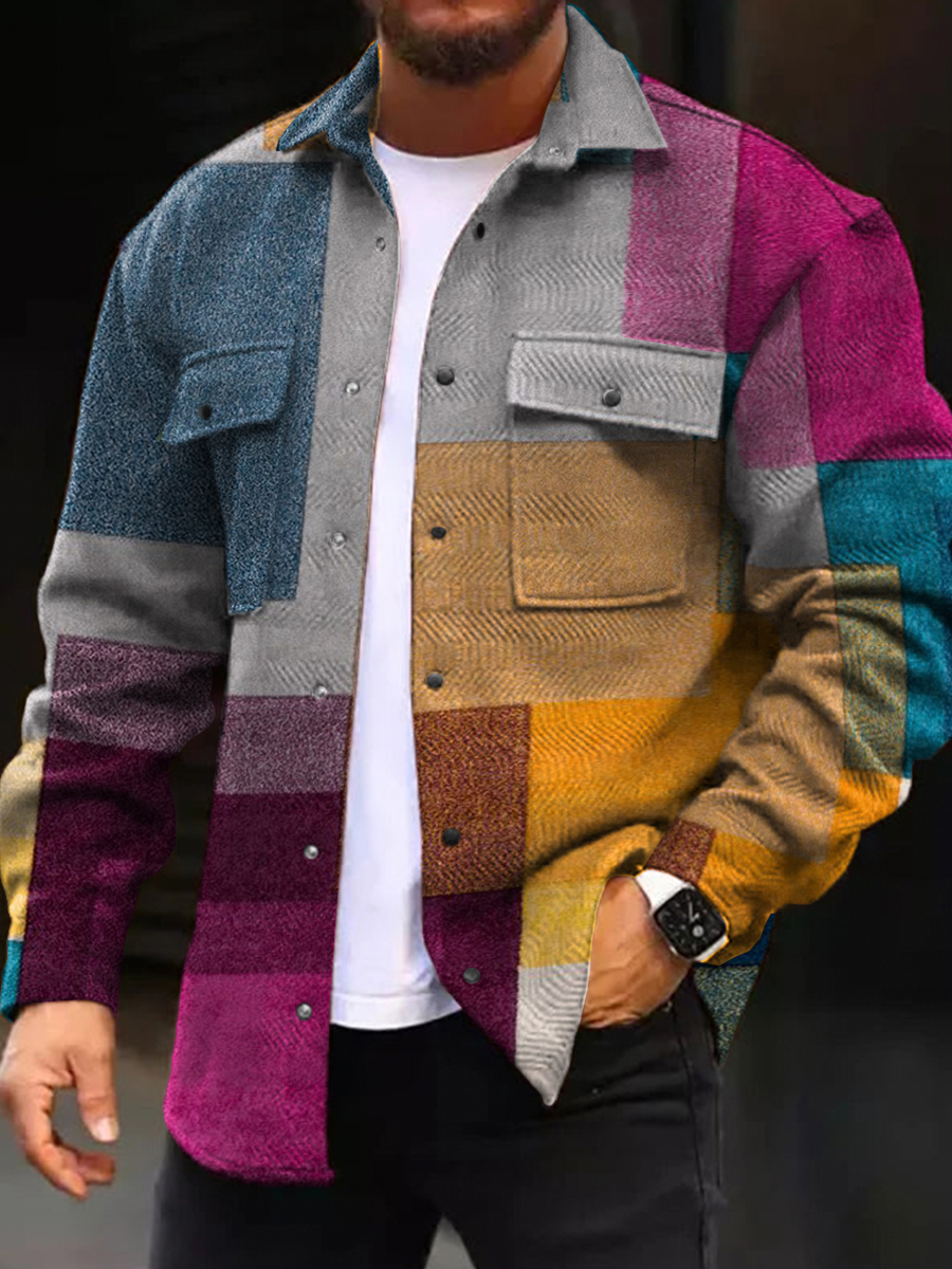 Men's Casual Jacket Stylish Colorblock Long Sleeve Pockets Shirt Jacket