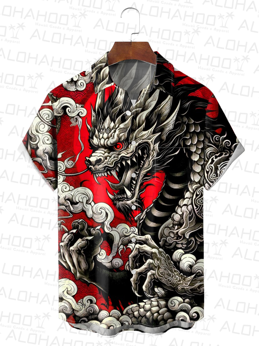 Japanese Style Men's Hawaiian Shirts Dragon Print Stretch Aloha Camp Pocket Shirts