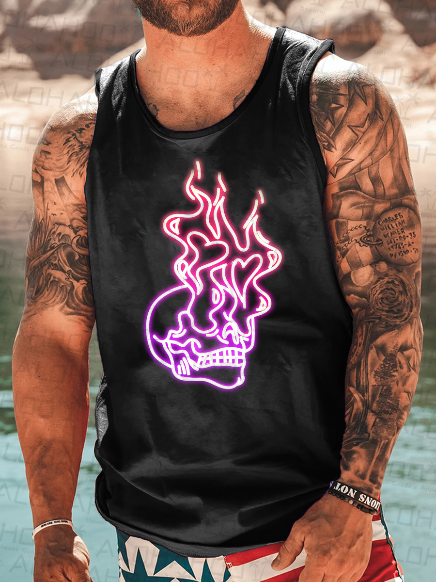 Men's Tank Top Flame Skull Neon Print Crew Neck Tank T-Shirt Muscle Tee
