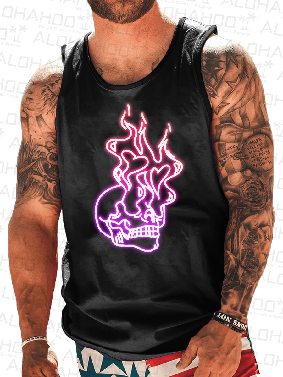 Men's Tank Top Flame Skull Neon Print Crew Neck Tank T-Shirt Muscle Tee