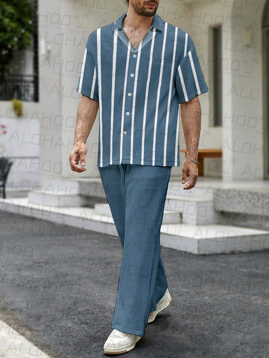 Men's Sets Casual Stripes Button Down Wrinkle Free Seersucker Two-Piece Shirt