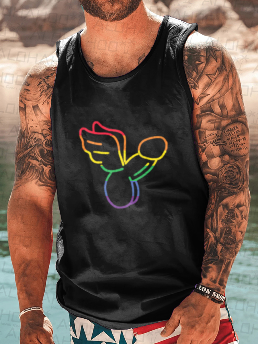 Men's Tank Top Rainbow Flying Cock Art Print Crew Neck Tank T-Shirt Muscle Tee