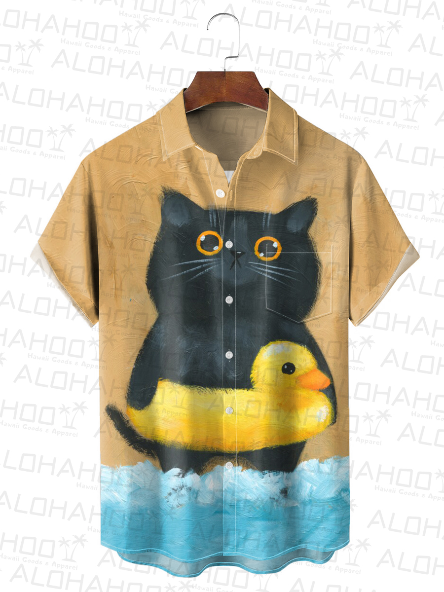 Men's Hawaiian Shirt Cute Cat With Duck Swimming Ring Art Print Shirt