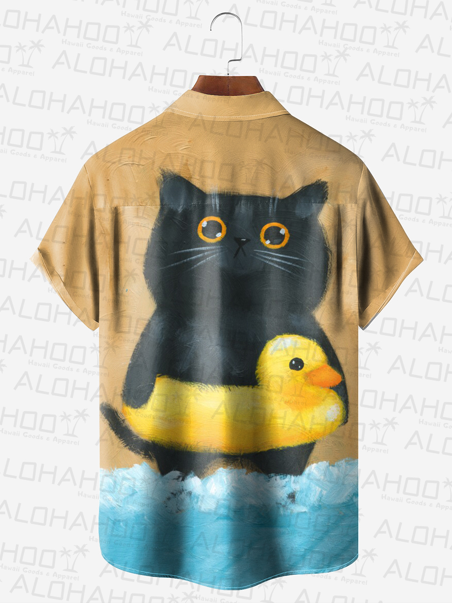 Men's Hawaiian Shirt Cute Cat With Duck Swimming Ring Art Print Shirt