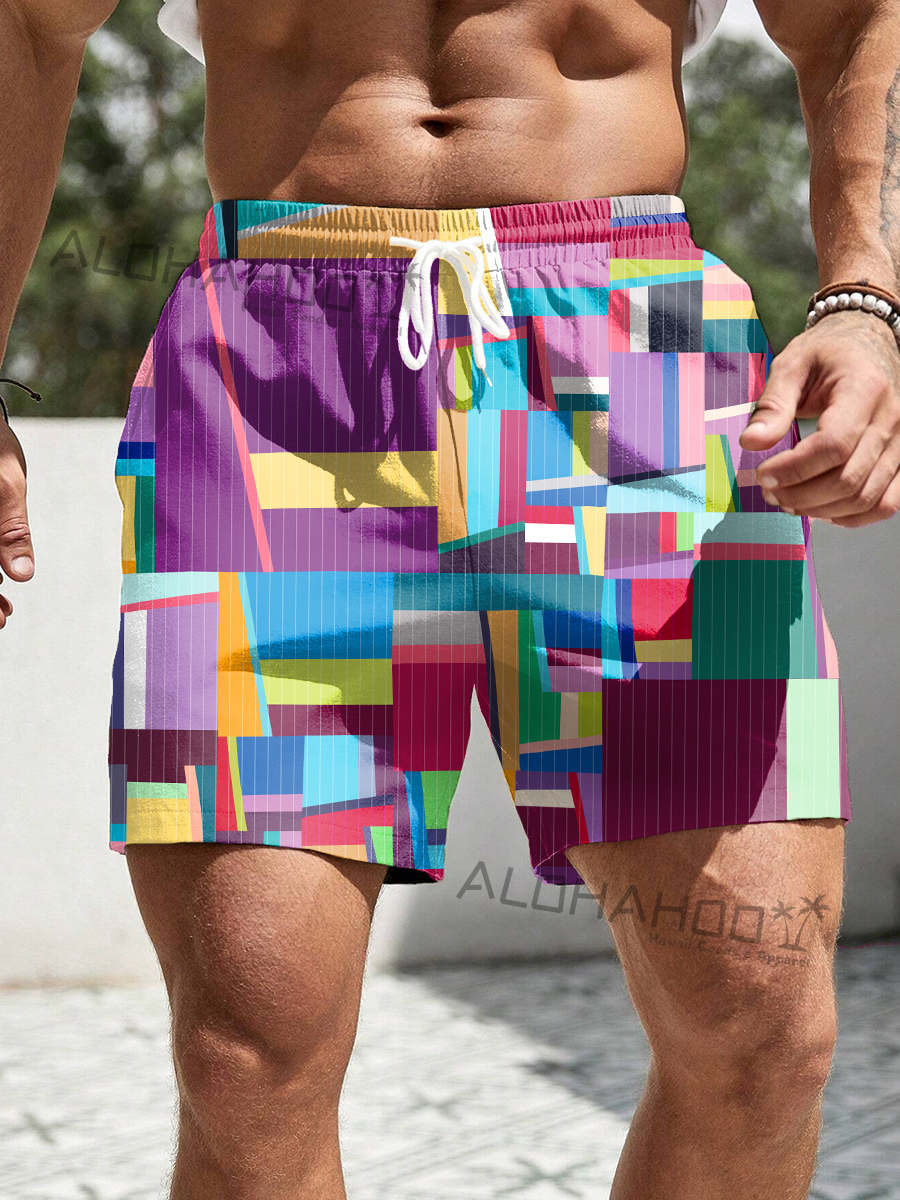Men's Hawaiian Vintage Colorblock Pattern Beach Shorts