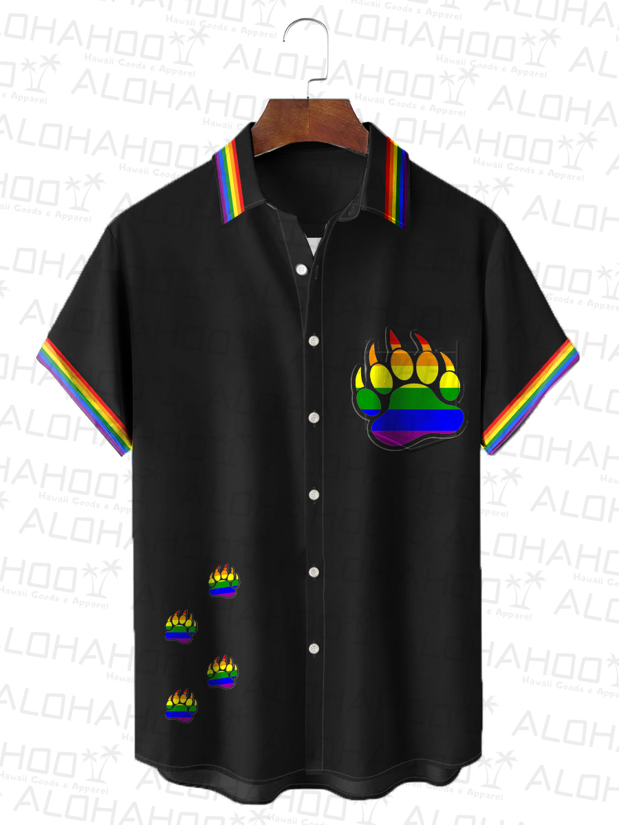 Men's Hawaiian Shirt Rainbow Paw Stripes Art Print Beach Easy Care Short Sleeve Shirt