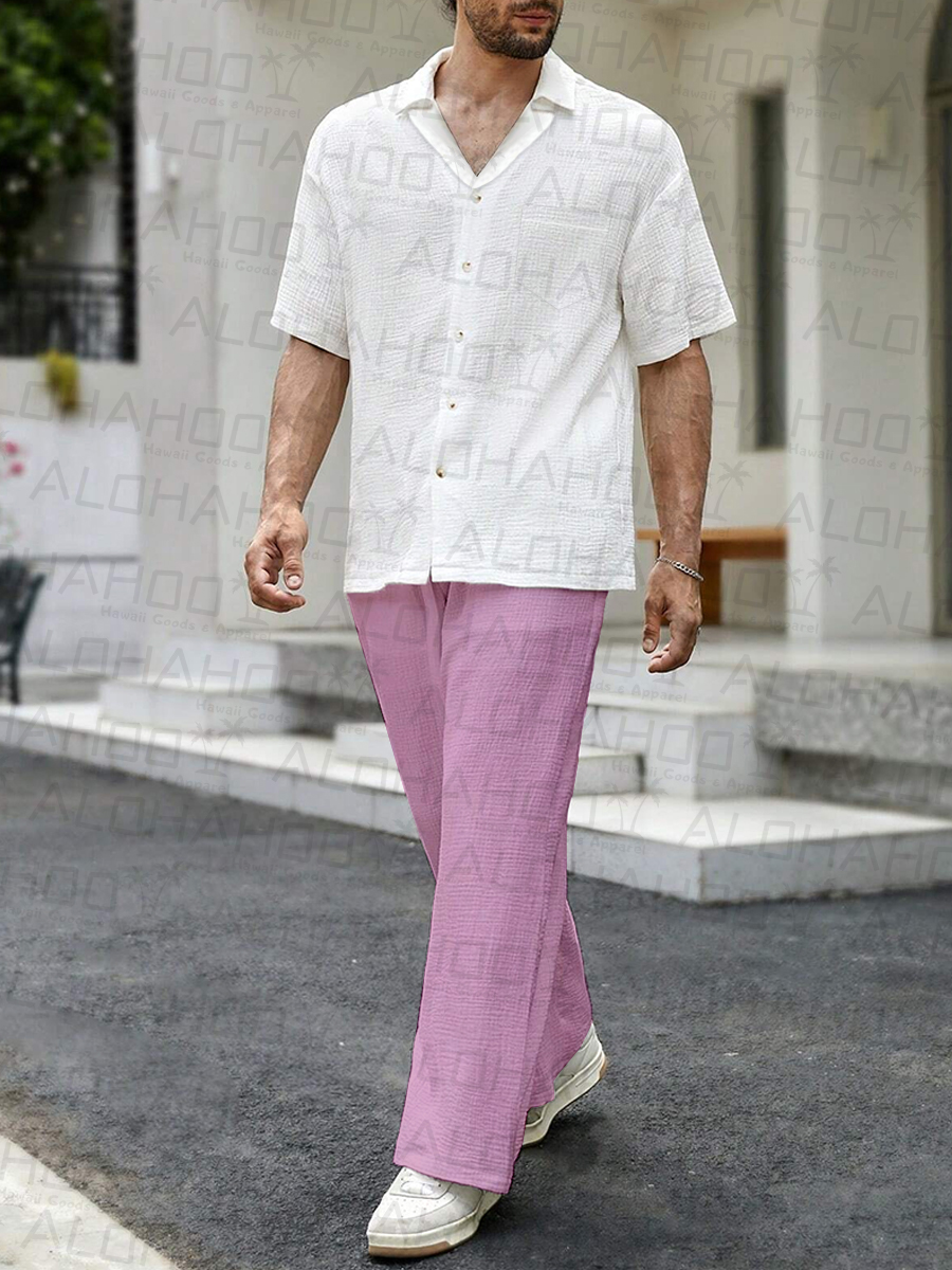 Men's Sets Casual Button Down Wrinkle Free Seersucker Two-Piece Shirt