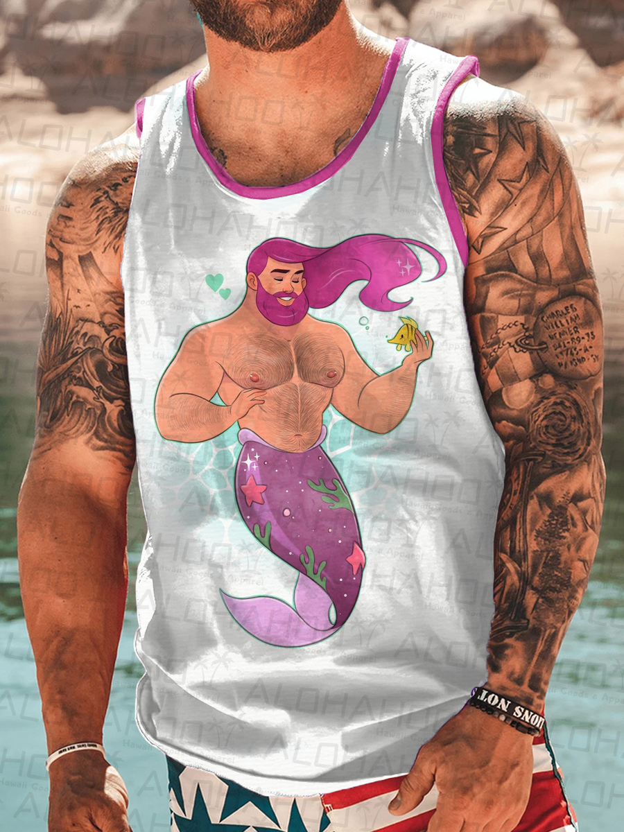 Men's Tank Top Pride Pink Merman Art Print Crew Neck Tank T-Shirt
