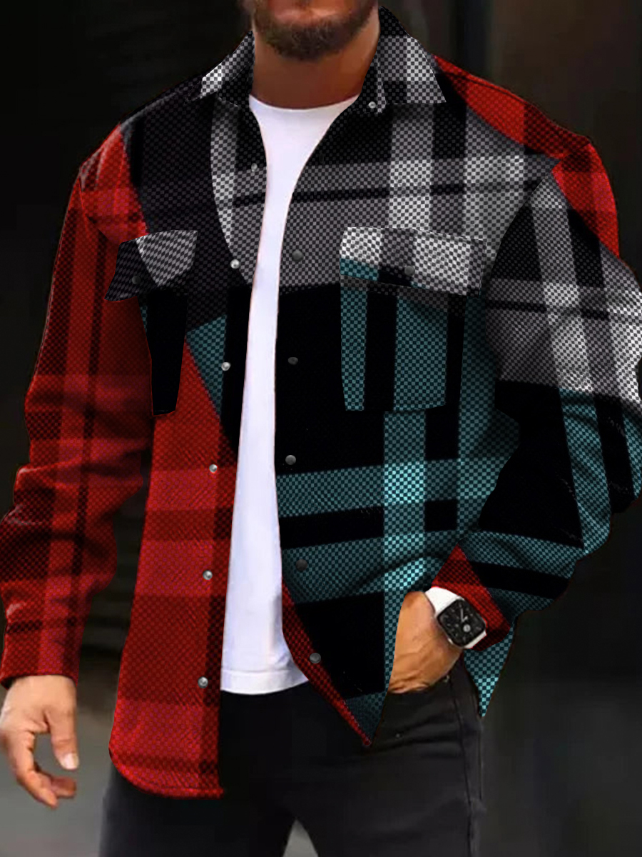 Men's Casual Jacket Retro Multicolor Plaid Pattern Long Sleeve Pockets Shirt Jacket
