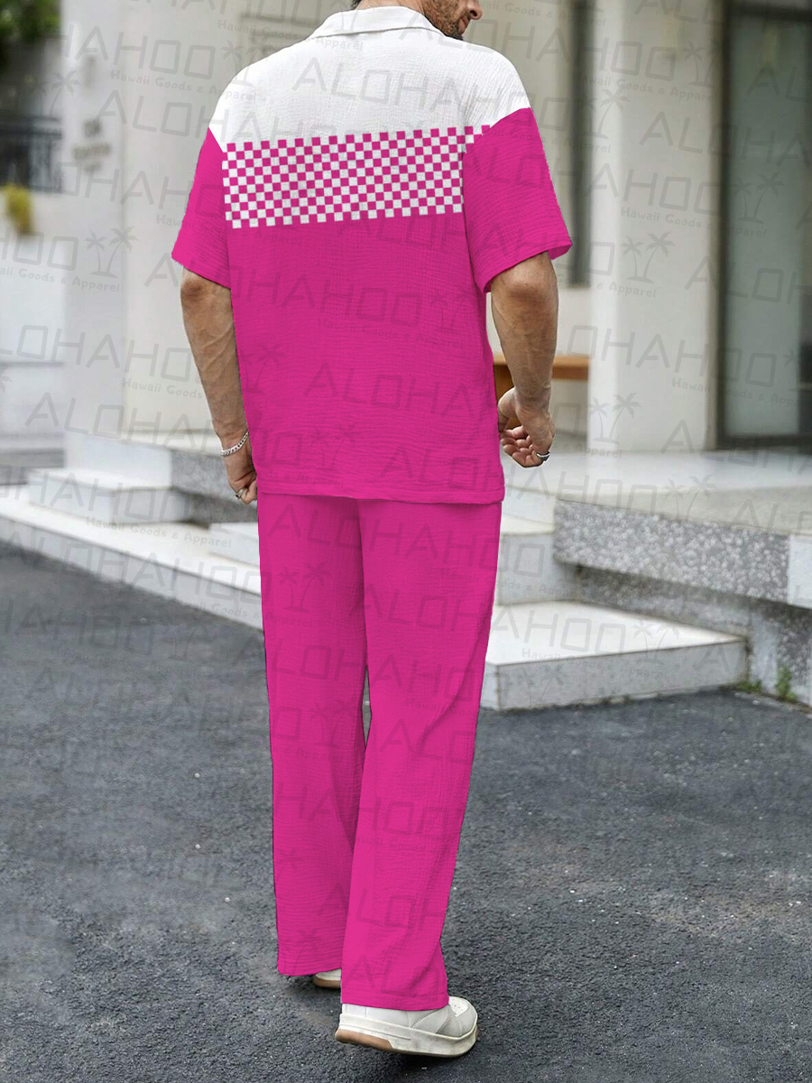 Men's Sets Casual Pink Plaid Button Down Wrinkle Free Seersucker Two-Piece Shirt