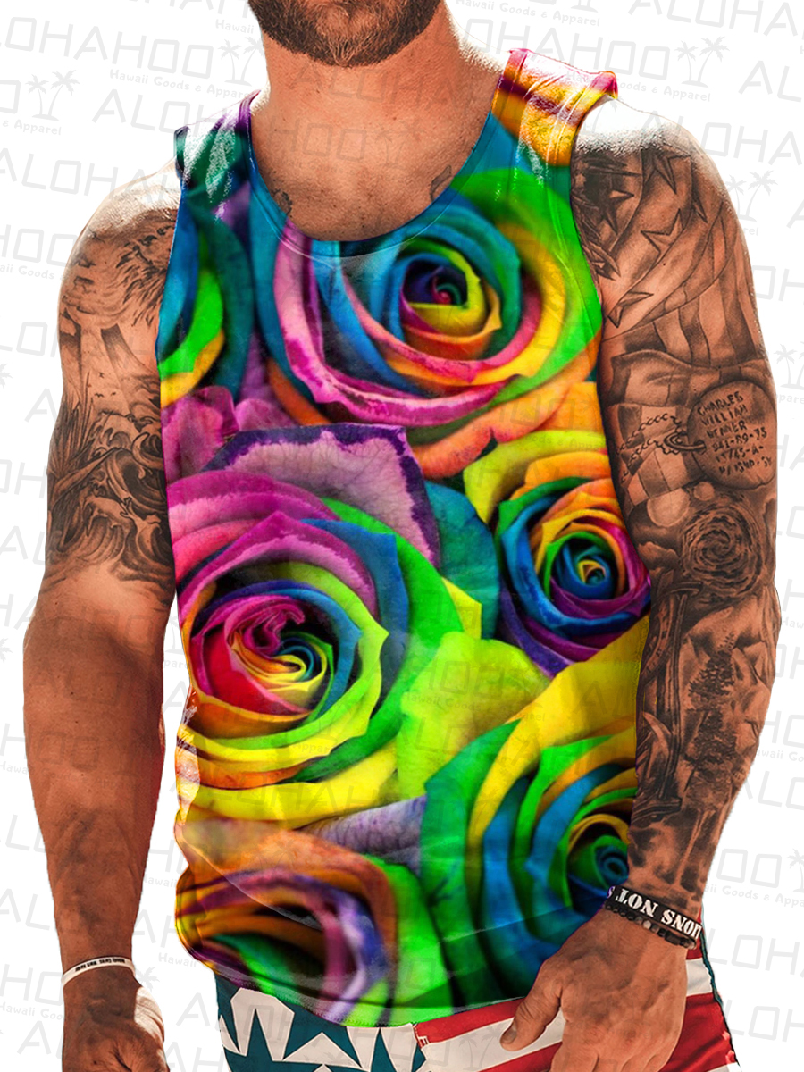 Men's Tank Top Pride Rainbow Rose Art Print Crew Neck Tank T-Shirt Muscle Tee