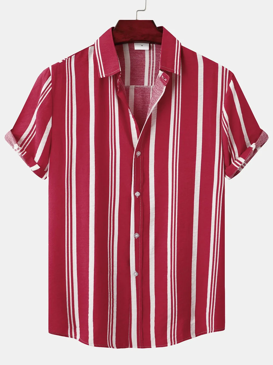Retro Stripes Print Short Sleeve Button Down Shirt