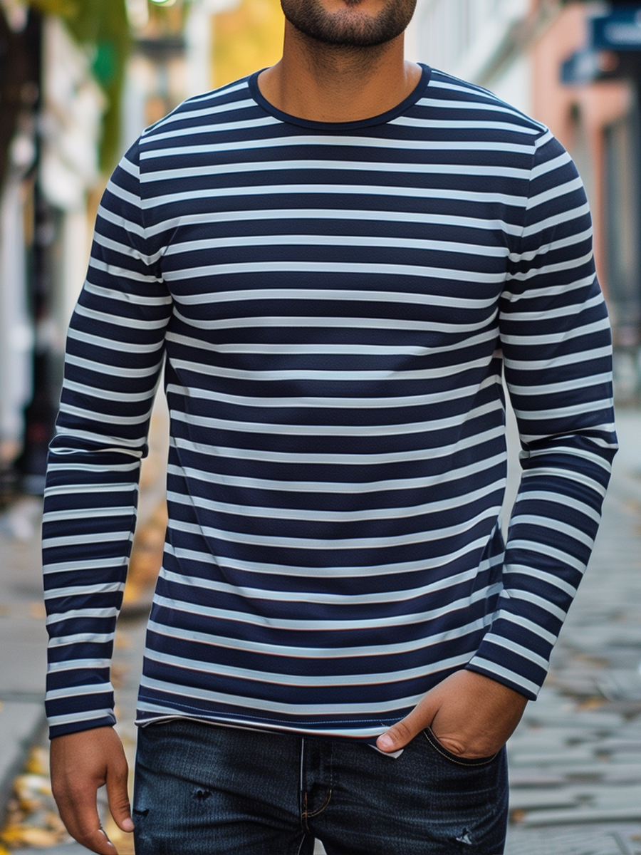 Men's Navy and White Stripes Long Sleeve T-Shirt For Fall