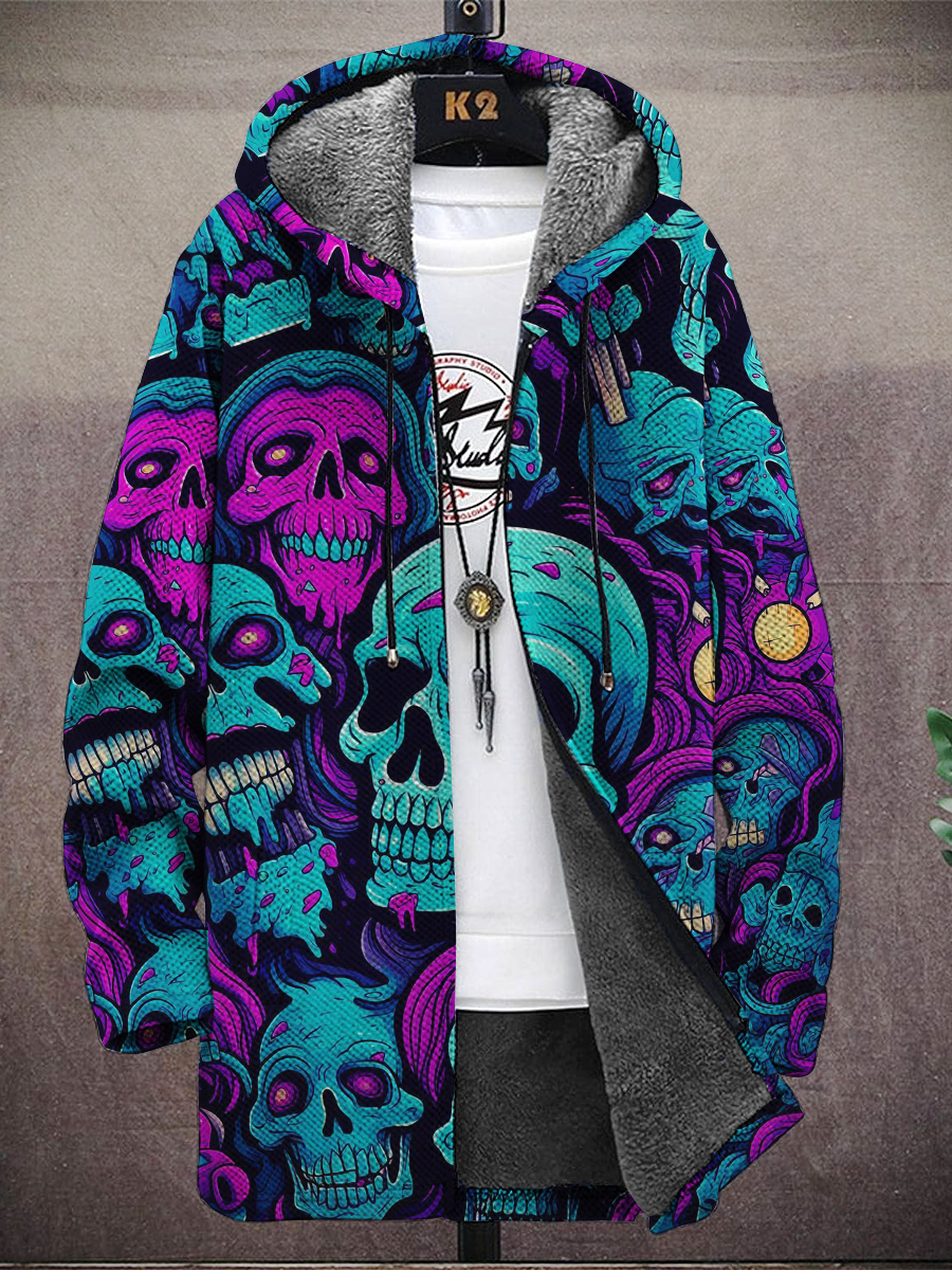 Men's Fashion Skull Print Hooded Two-Pocket Fleece Jacket