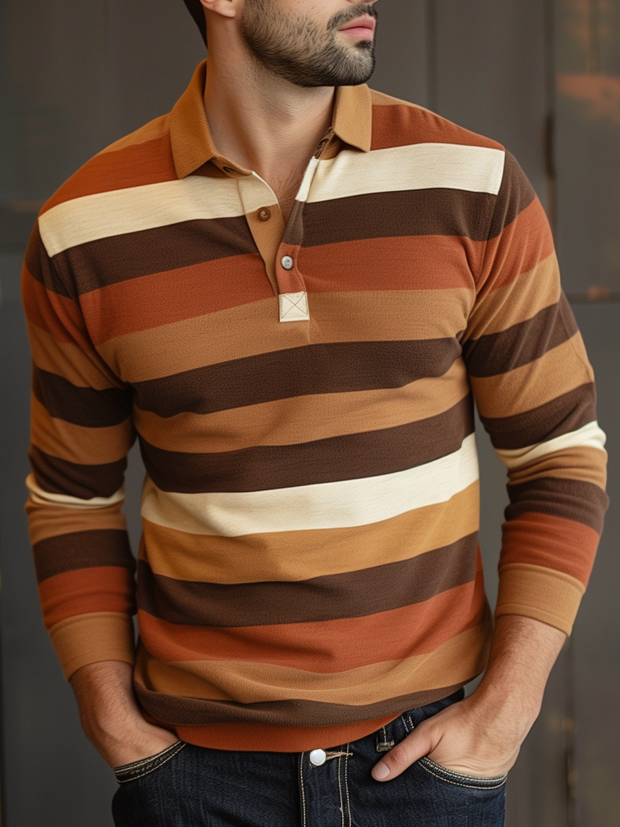 Men's Brown Stripes Long Sleeve Button Polo Shirt
