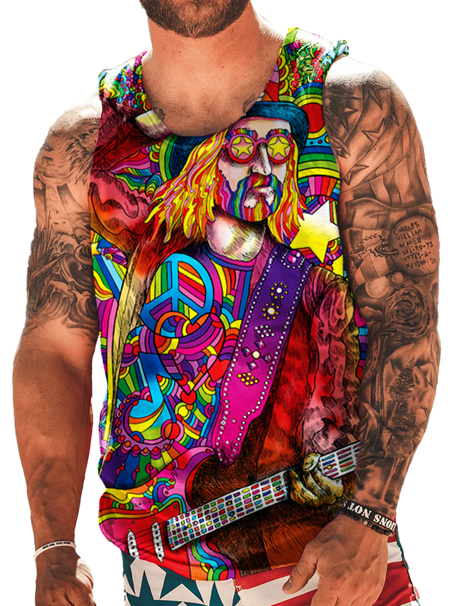 Hippie Musician 60's Style Print Sleeveless Tank Top