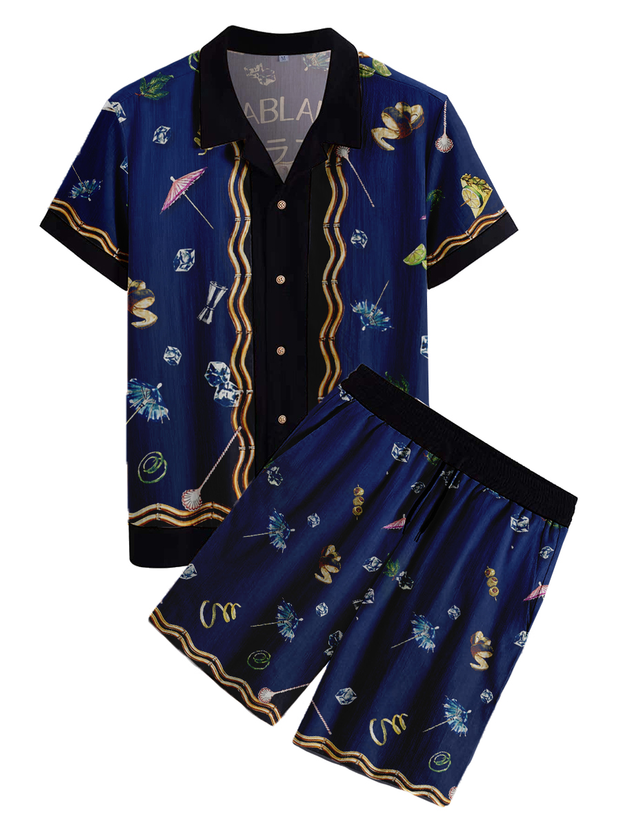 Men's Sets Stylish Casablanca Print Button Pocket Two-Piece Hawaiian Shirt Shorts Set