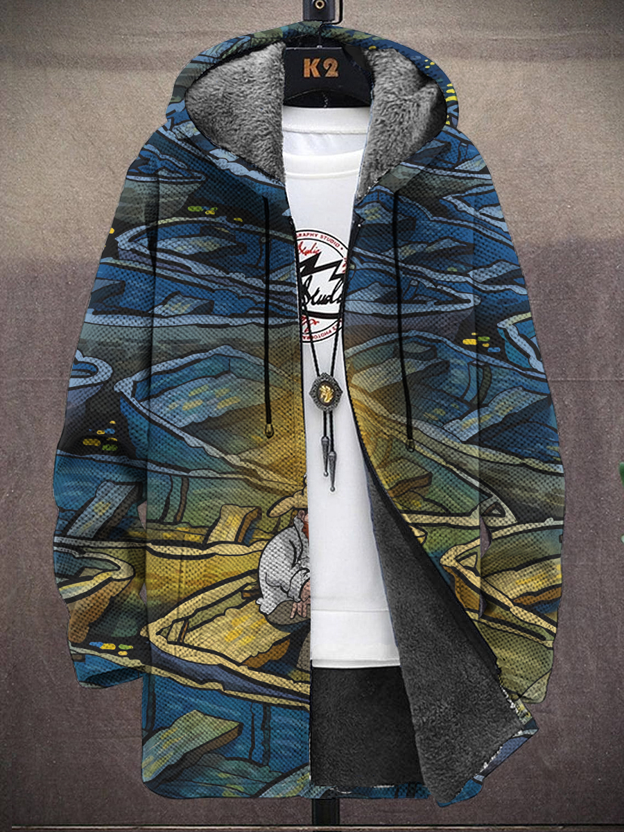 Men's Artist Van Gogh Print Hooded Two-Pocket Fleece Cardigan Jacket
