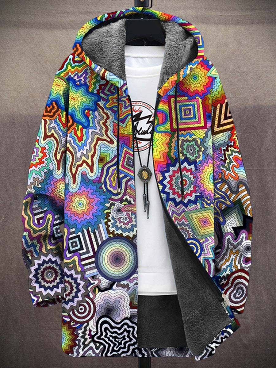Men's Art Irregular Pattern Print Hooded Two-Pocket Fleece Cardigan Jacket