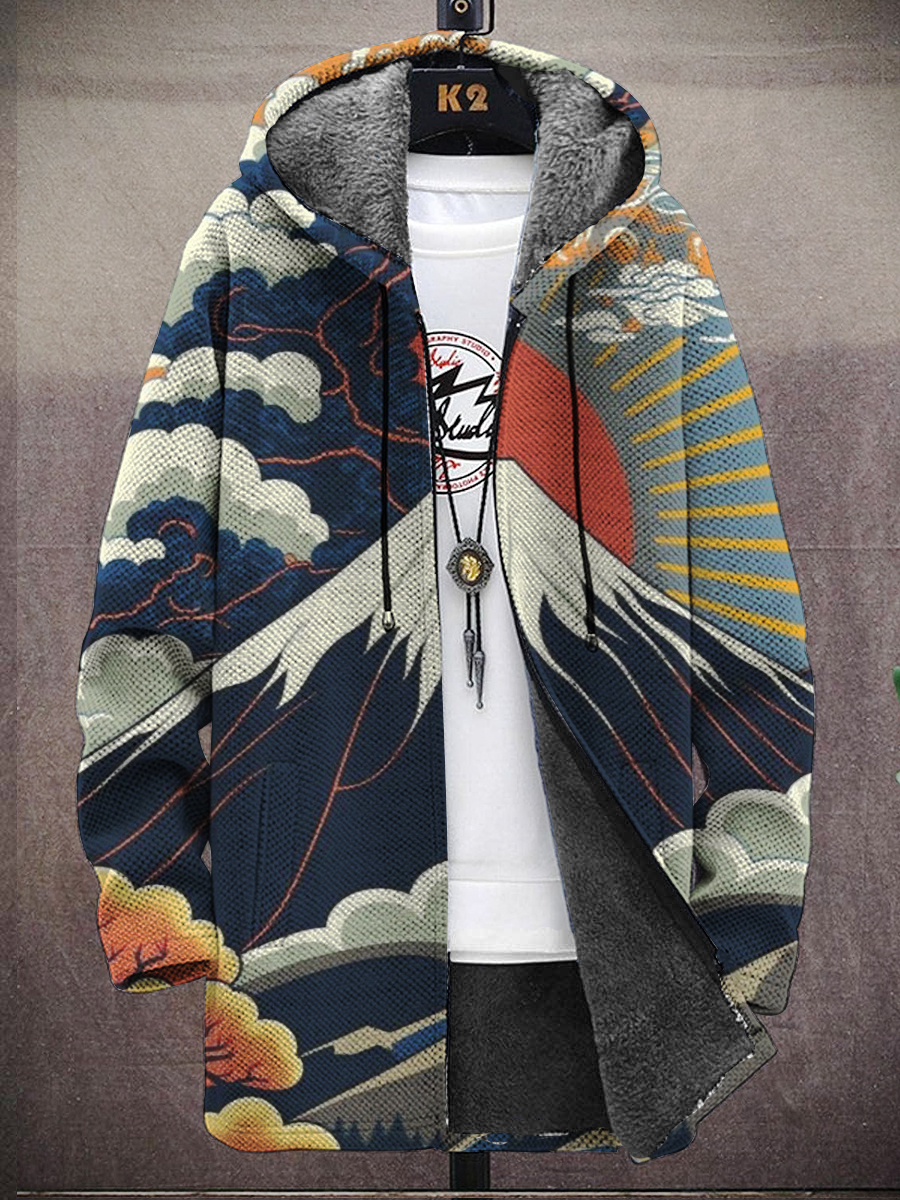 Men's Art Japanese Fuji Mountain Print Hooded Two-Pocket Fleece Cardigan Jacket