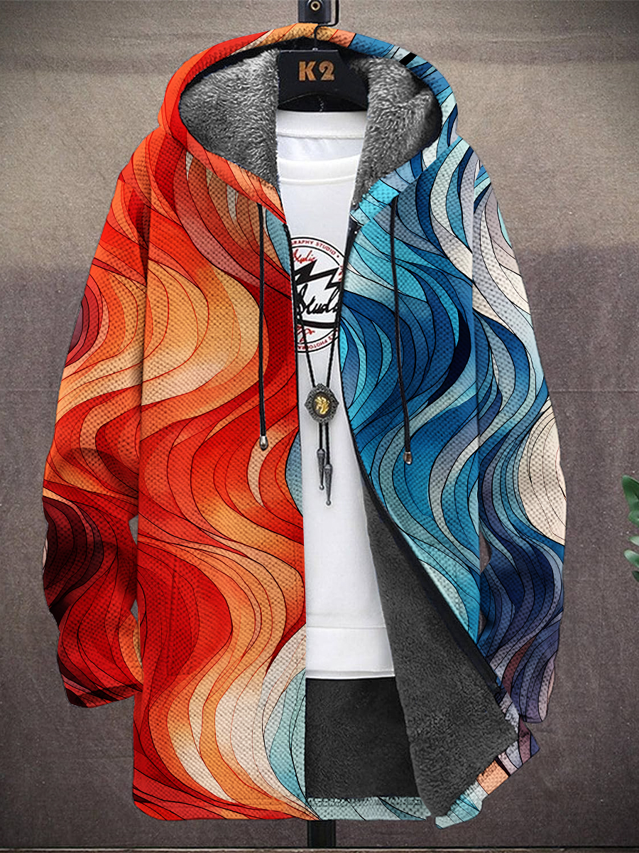 Men's Satin Texture Print Hooded Two-Pocket Fleece Jacket