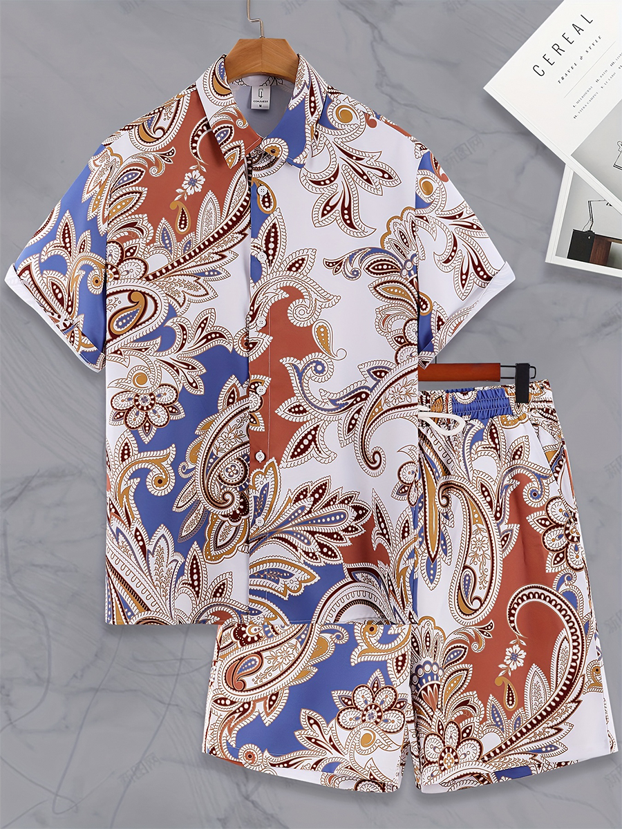 Men's Sets Hawaiian Vintage Paisley Print Button Pocket Two-Piece Shirt Shorts Set