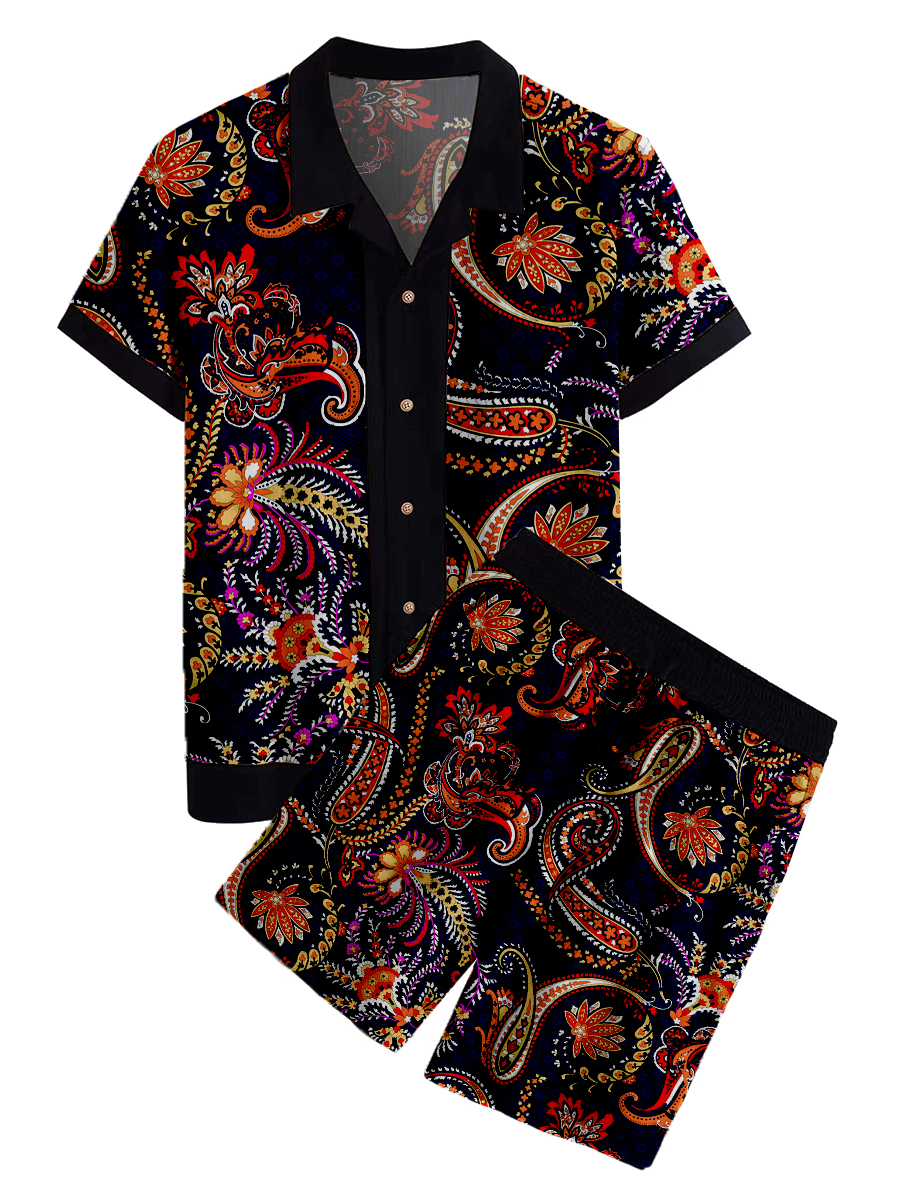 Men's Sets Hawaiian Retro Paisley Pattern Print Button Pocket Two-Piece Shirt Shorts Set
