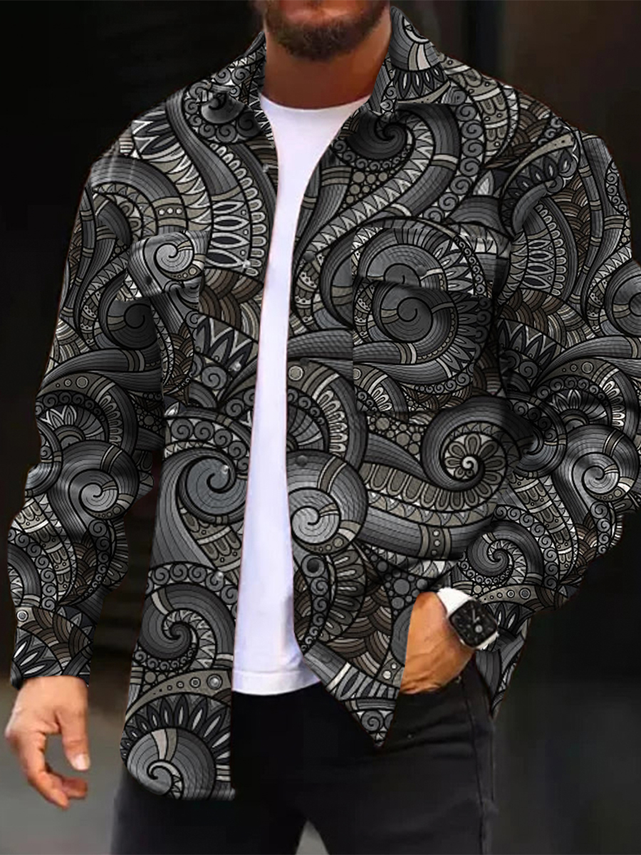 Men's Casual Jacket Post-impressionist Abstract Pattern Long Sleeve Pockets Shirt Jacket