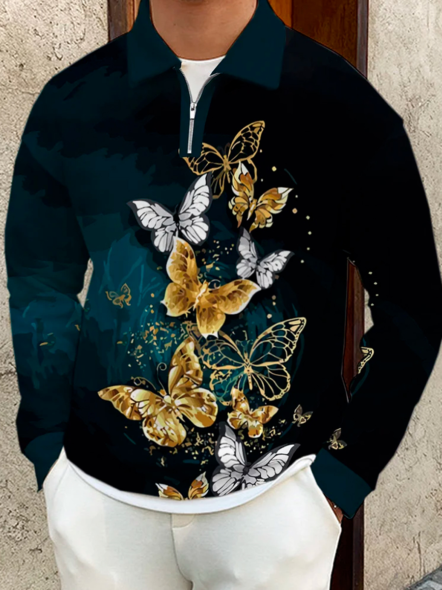 Men's Polo Shirt Art Butterfly Printed Long Sleeve Golf Shirt