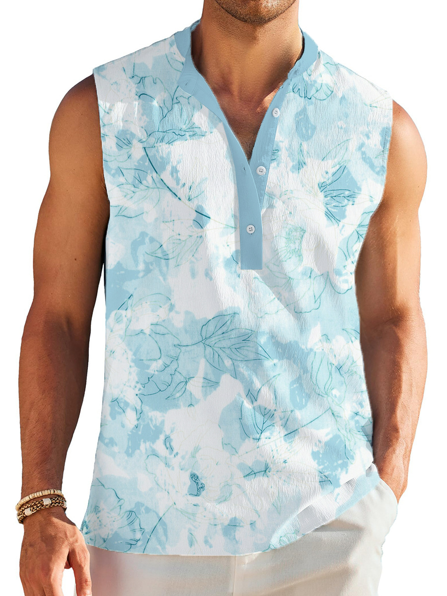 Men's Henley Collar Shirt Vintage Flowers Printed Cotton And Linen Sleeveless Shirt