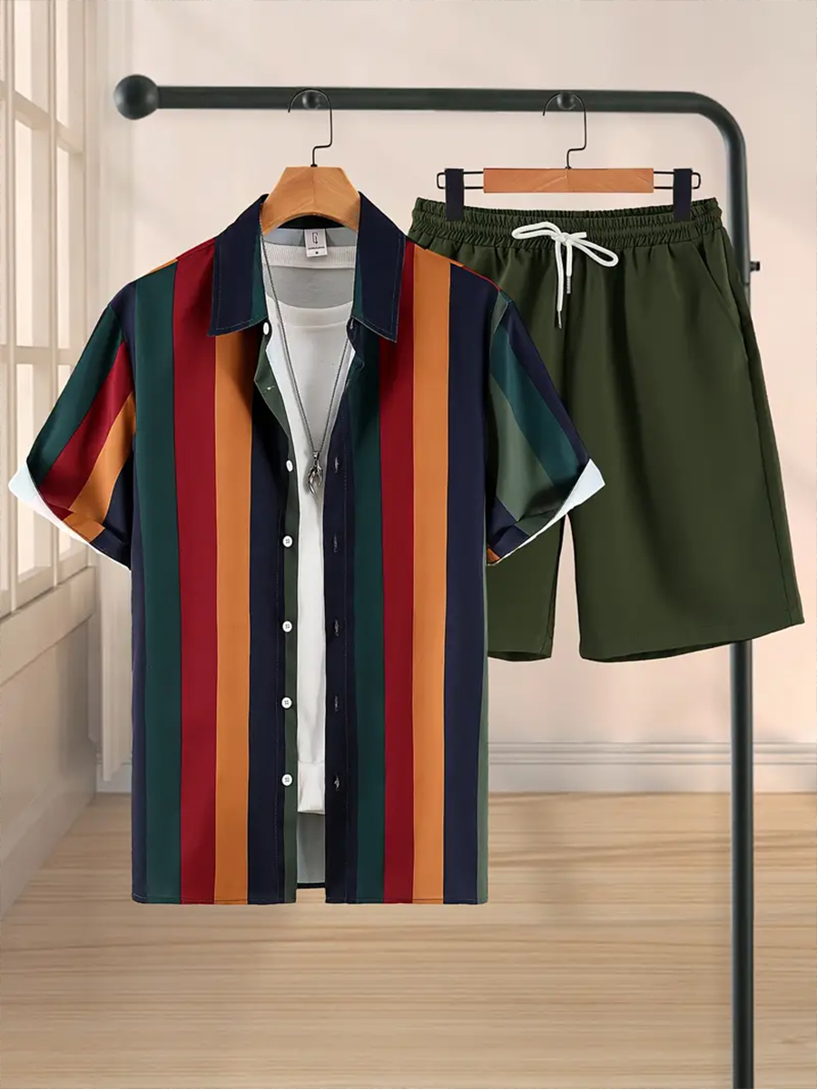 Men's Sets Basic Colorful Stripes Button Down Two-Piece Shirt Shorts Set
