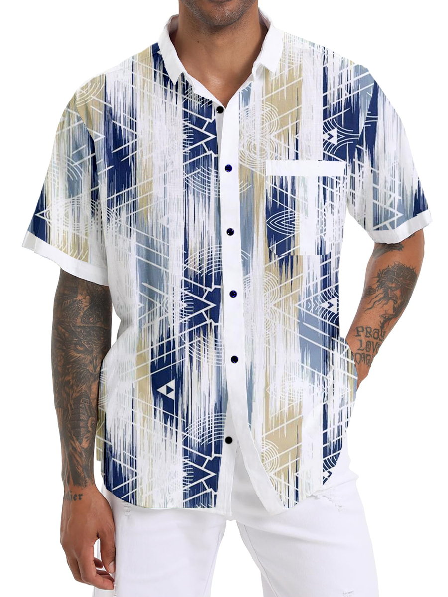 Men's Cotton-Linen Shirts Stripes Breathable Summer Lightweight Hawaiian Shirts