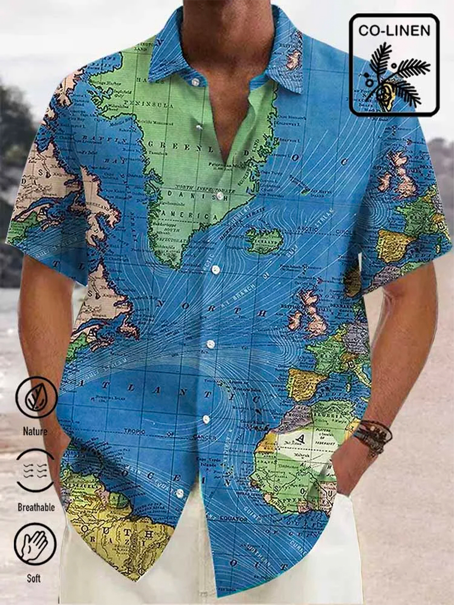 Men's Cotton-Linen Shirt World Map Print Breathable Plus Size Shirts