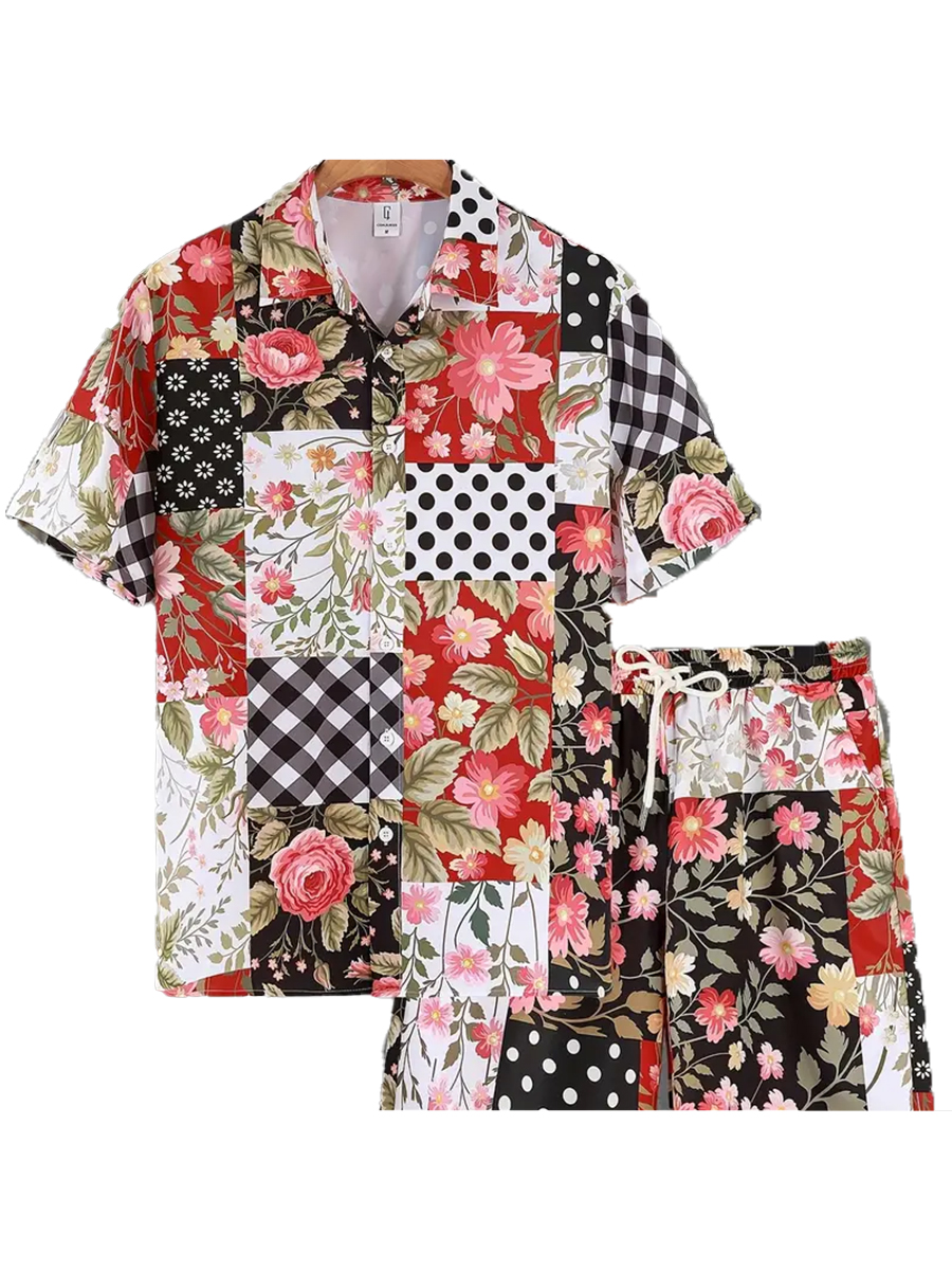 Men's Sets Floral Patchwork Button Down Two-Piece Shirt Shorts Set