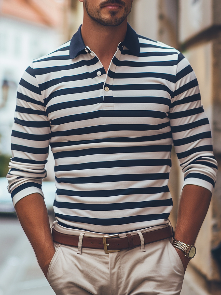 Men's Navy Blue Stripes Long Sleeve Button Polo Shirt