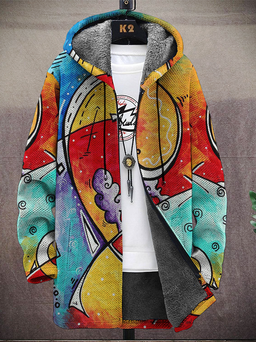 Men's Abstract Art Print Hooded Two-Pocket Fleece Cardigan Jacket